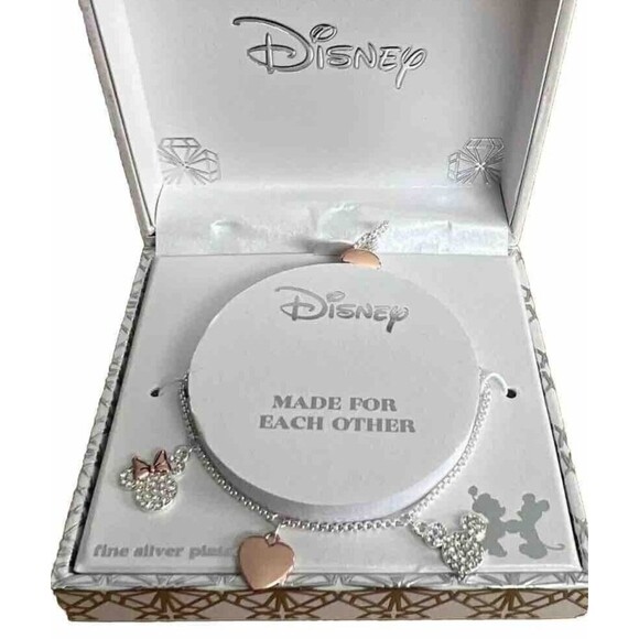 Disney Minnie Mickey Mouse Made For Each Other Pendant Fine Silver Bracelet - Picture 2 of 9